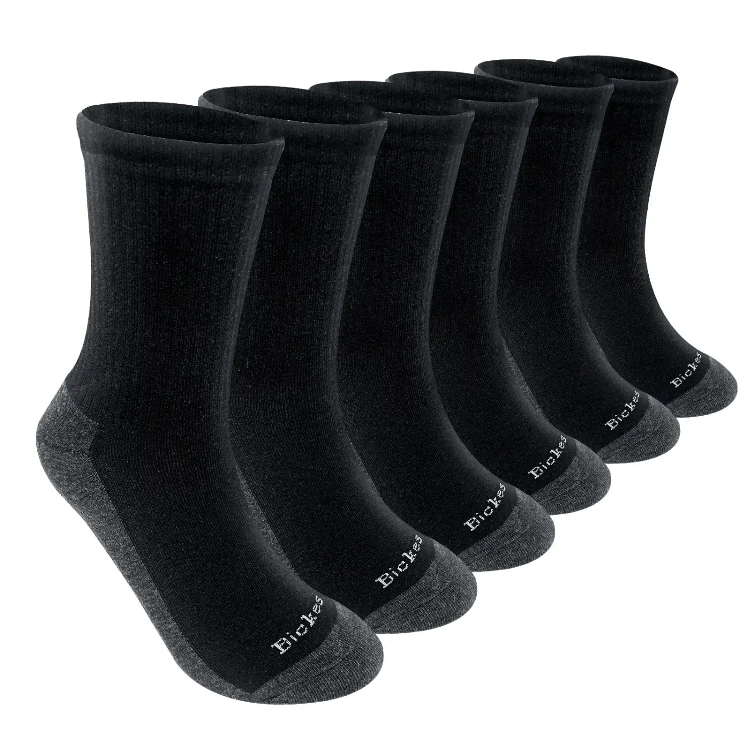Black and gray breathable cotton crew socks for men with a subtle heathered texture and bickies brand name embroidered on the heel shown from the back side.