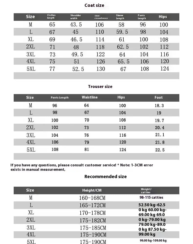 The image displays a detailed size chart for the men’s geometric tracksuit spring casual athletic set including measurements and recommended sizes for coats and trousers across various weight ranges.