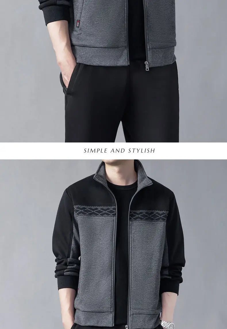 A men’s two-tone black and gray zip-up jacket with a subtle geometric pattern across the chest from the men’s geometric tracksuit spring casual athletic set.