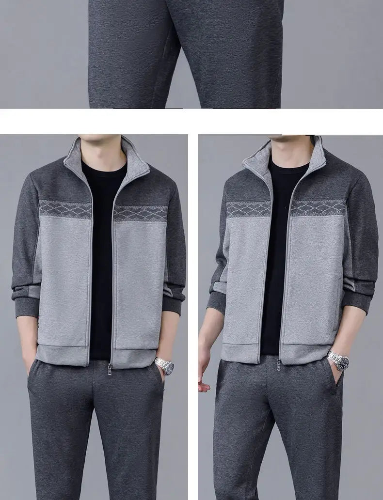 Men’s geometric tracksuit spring casual athletic set with a gray and dark gray two-tone zip-up track jacket featuring geometric patterned panels.