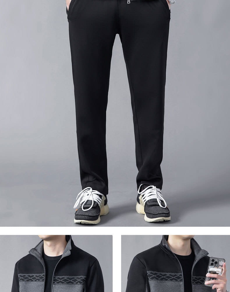 Black tapered trousers with a sleek modern cut and subtle side zippers from the men’s geometric tracksuit spring casual athletic set.