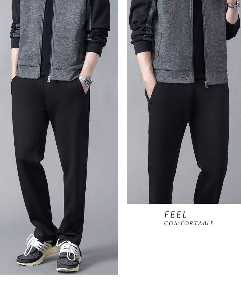 Black tapered track pants from the men’s geometric tracksuit spring casual athletic set featuring soft comfortable fabric and subtle side seam detailing.