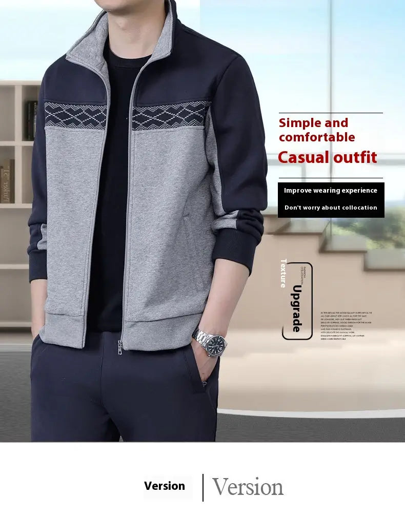 Men’s geometric tracksuit spring casual athletic set featuring a navy and gray zip-up track jacket with geometric patterned trim.