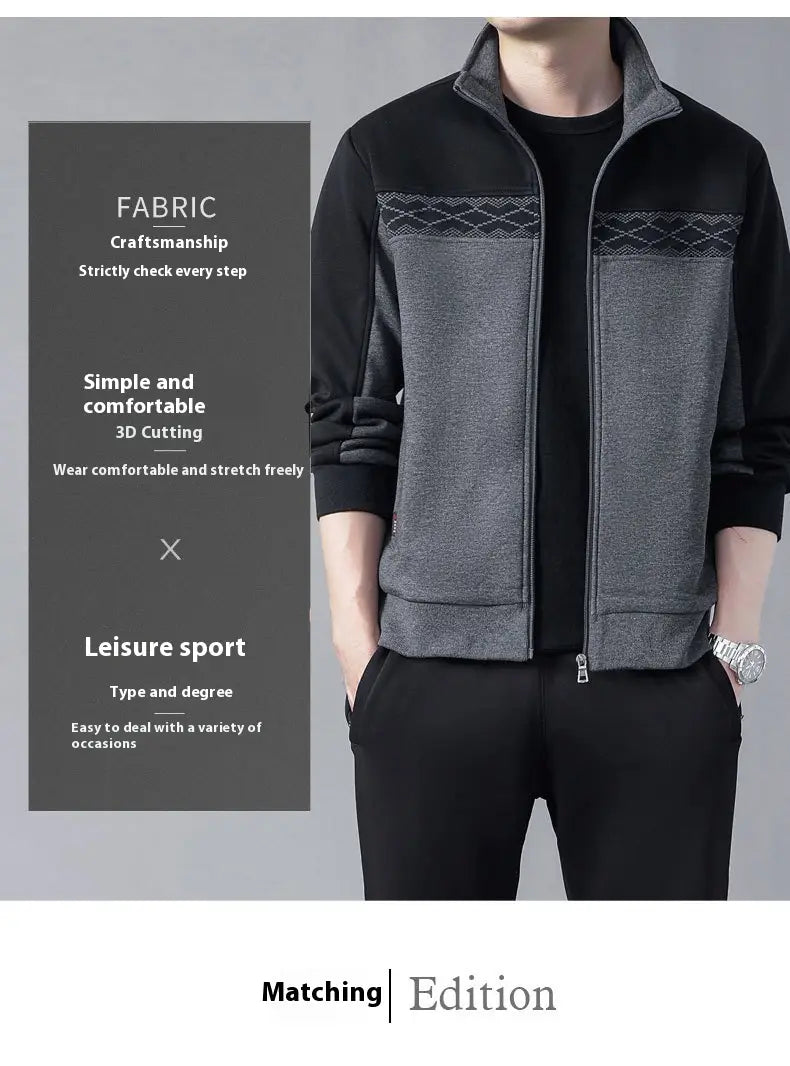 Men’s geometric tracksuit spring casual athletic set featuring a gray and black zip-up jacket with a textured diamond pattern across the chest.