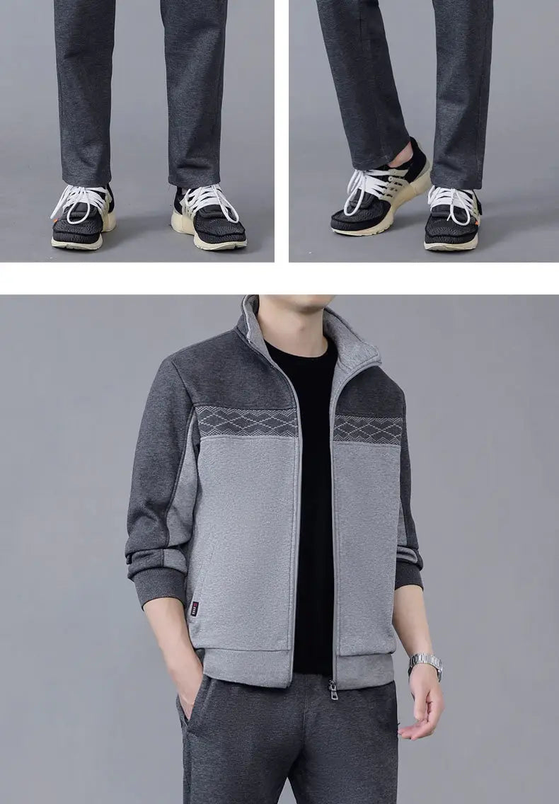 Men’s gray and black zip-up jacket with a textured diamond pattern across the chest from the geometric tracksuit spring casual athletic set.