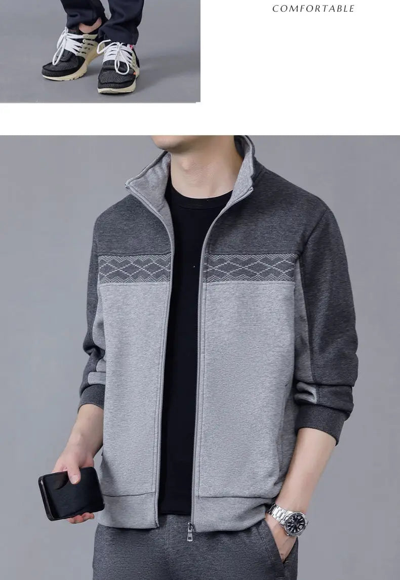Men’s gray and dark gray zip-up tracksuit jacket with a textured diamond pattern across the chest designed for spring casual athletic use.