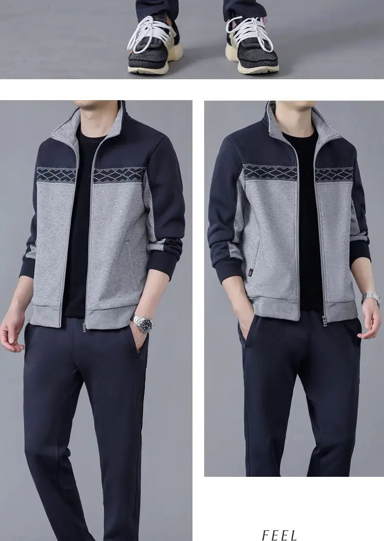 Men’s geometric tracksuit spring casual athletic set featuring a navy and gray zip-up track jacket with geometric patterned panels designed for comfortable activewear.