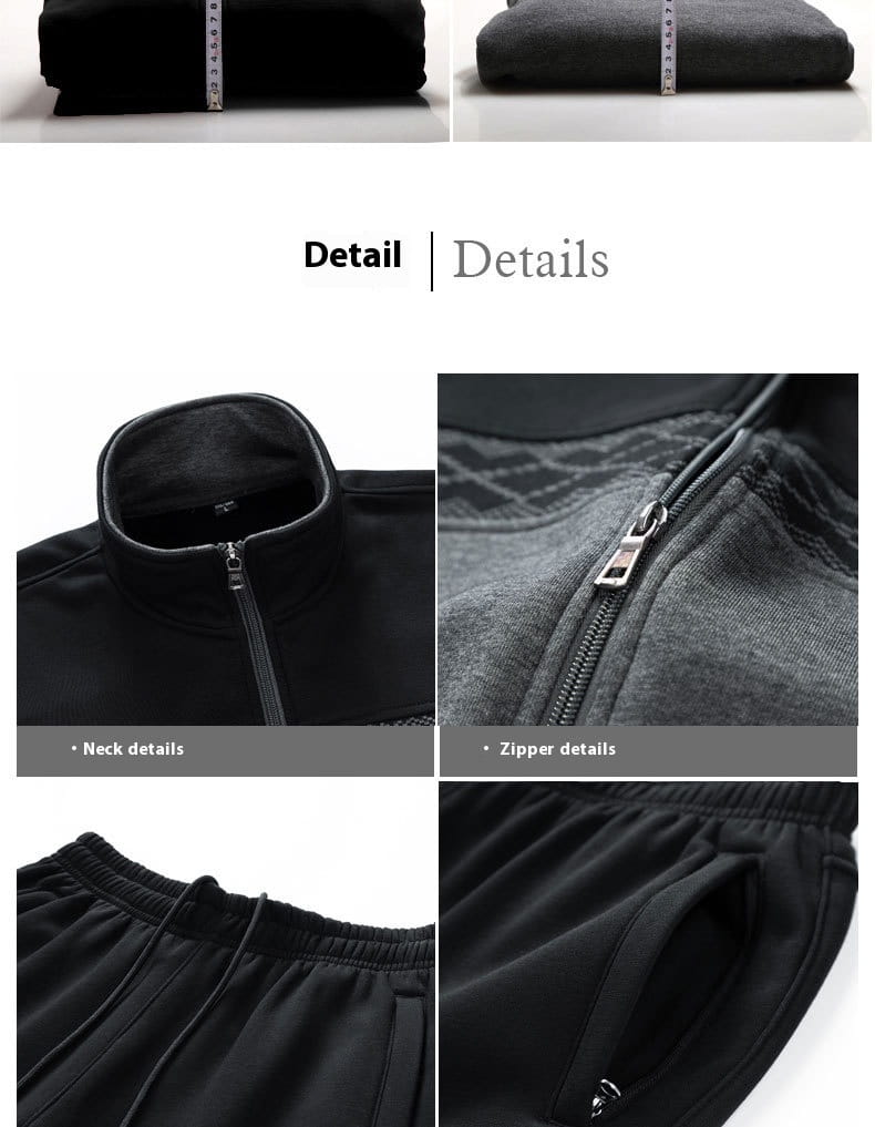 Men’s geometric tracksuit spring casual athletic set featuring a black zip-up fleece sweatshirt with ribbed cuffs and waistband.