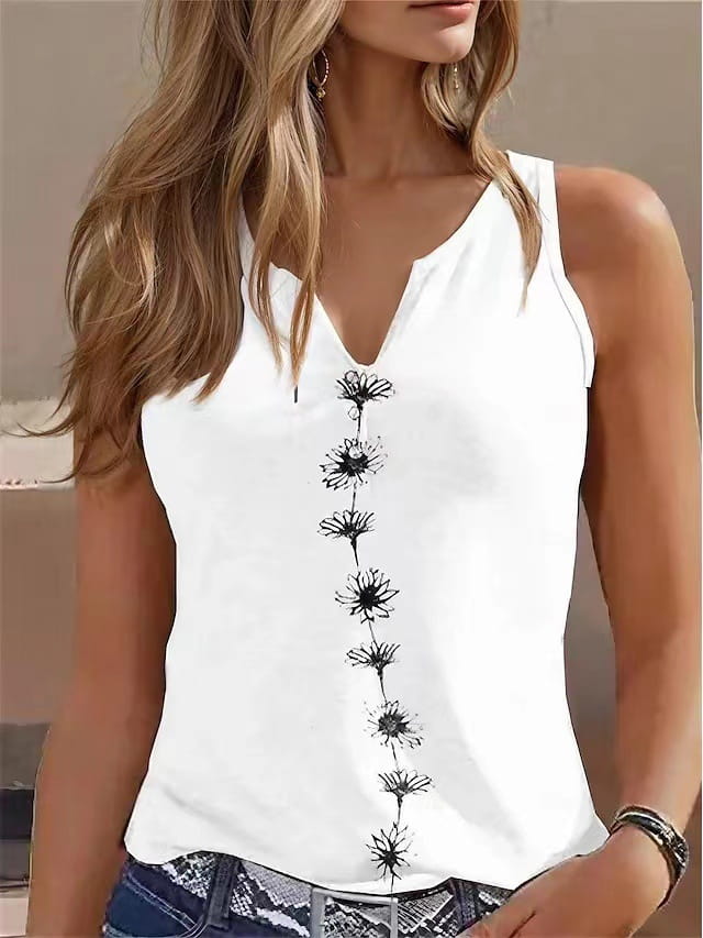 White sleeveless V-neck top featuring black floral dandelion embroidery down the front for women