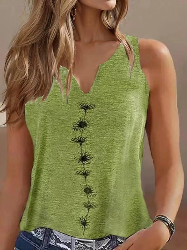 A green heathered sleeveless top for women featuring a v-neckline and black dandelion embroidery down the front.