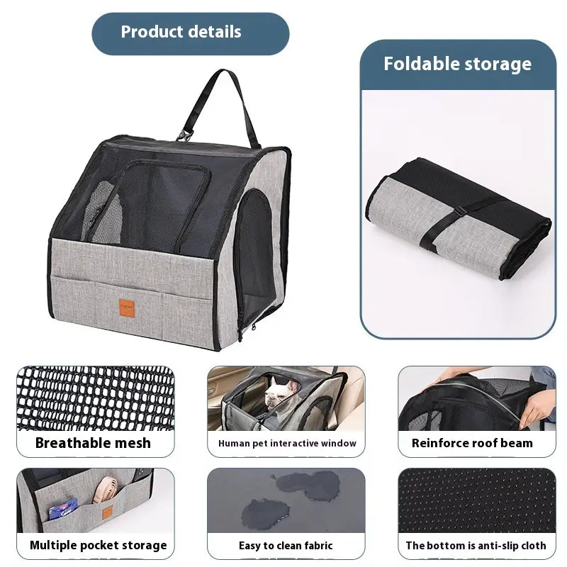 Porte-siège pliable pour chien gris et noir avec côtés en maille respirante, fenêtre d’interaction pour l’animal, poutre de toit renforcée, plusieurs poches de rangement, tissu facile à nettoyer, base antidérapante et étiquette de marque orange.