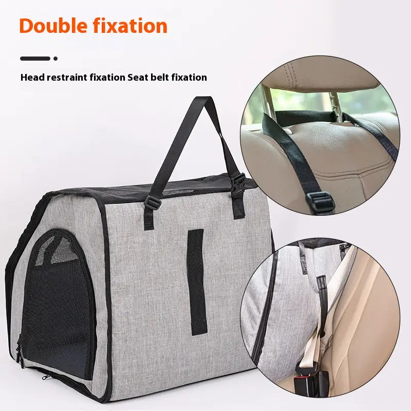 Porte-siège pliable pour chien gris et noir avec côtés en maille pour la ventilation et une double fixation sécurisée aux ceintures du siège du véhicule, comprenant un tapis pour animal de compagnie imperméable.