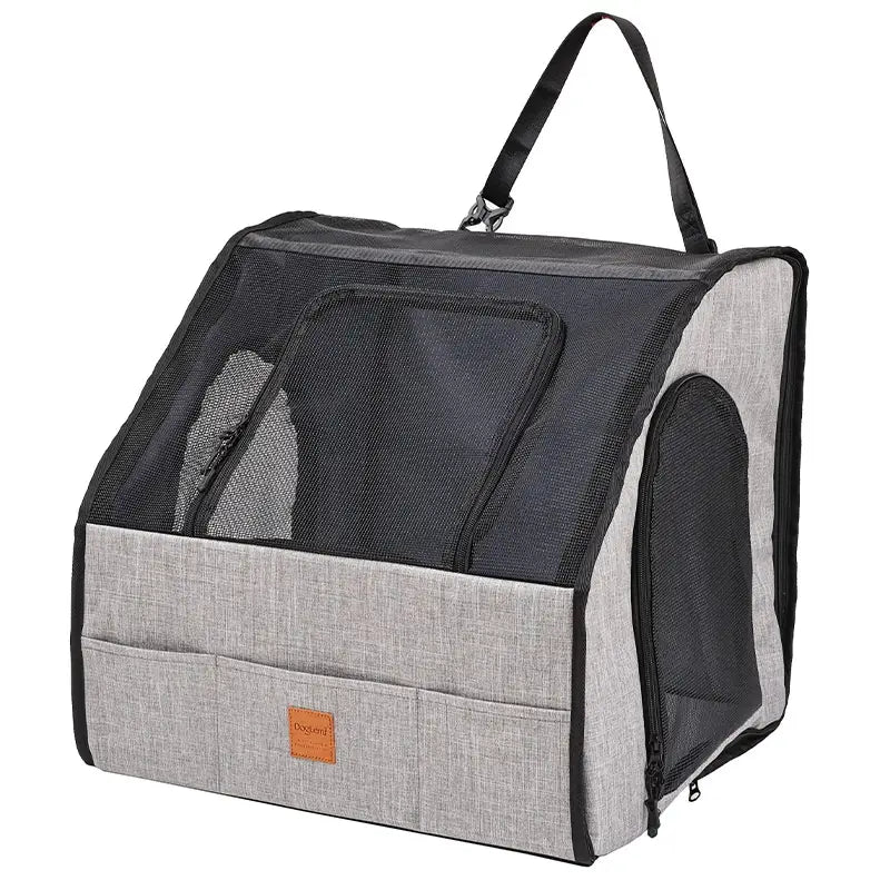 Porte-siège pliable pour chien gris et noir en oxford avec côtés en maille et une poche avant, incluant un tapis pour animal de compagnie imperméable.