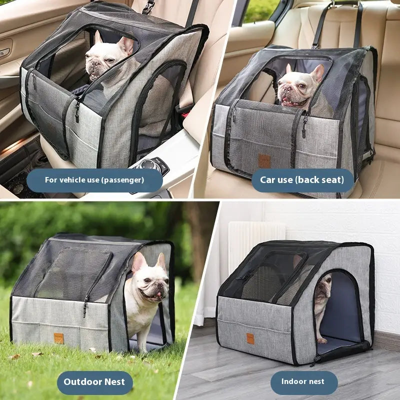 Porte-siège pliable pour chien gris et noir en maille avec tapis pour animal de compagnie imperméable et doublure intérieure souple, conçu pour un transport sûr dans les véhicules ainsi que comme nid d’intérieur ou d’extérieur.