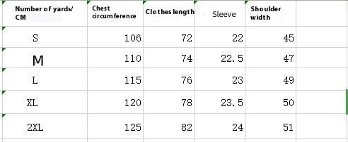 Size chart for striped short sleeve button up shirt displaying garment measurements in centimeters for sizes s through 2xl.