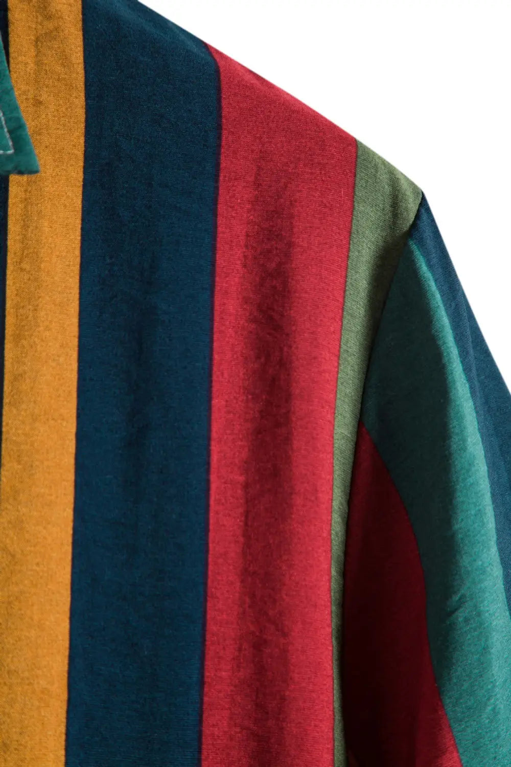 striped short sleeve button up shirt with vibrant vertical stripes in mustard yellow deep teal rich red and olive green.