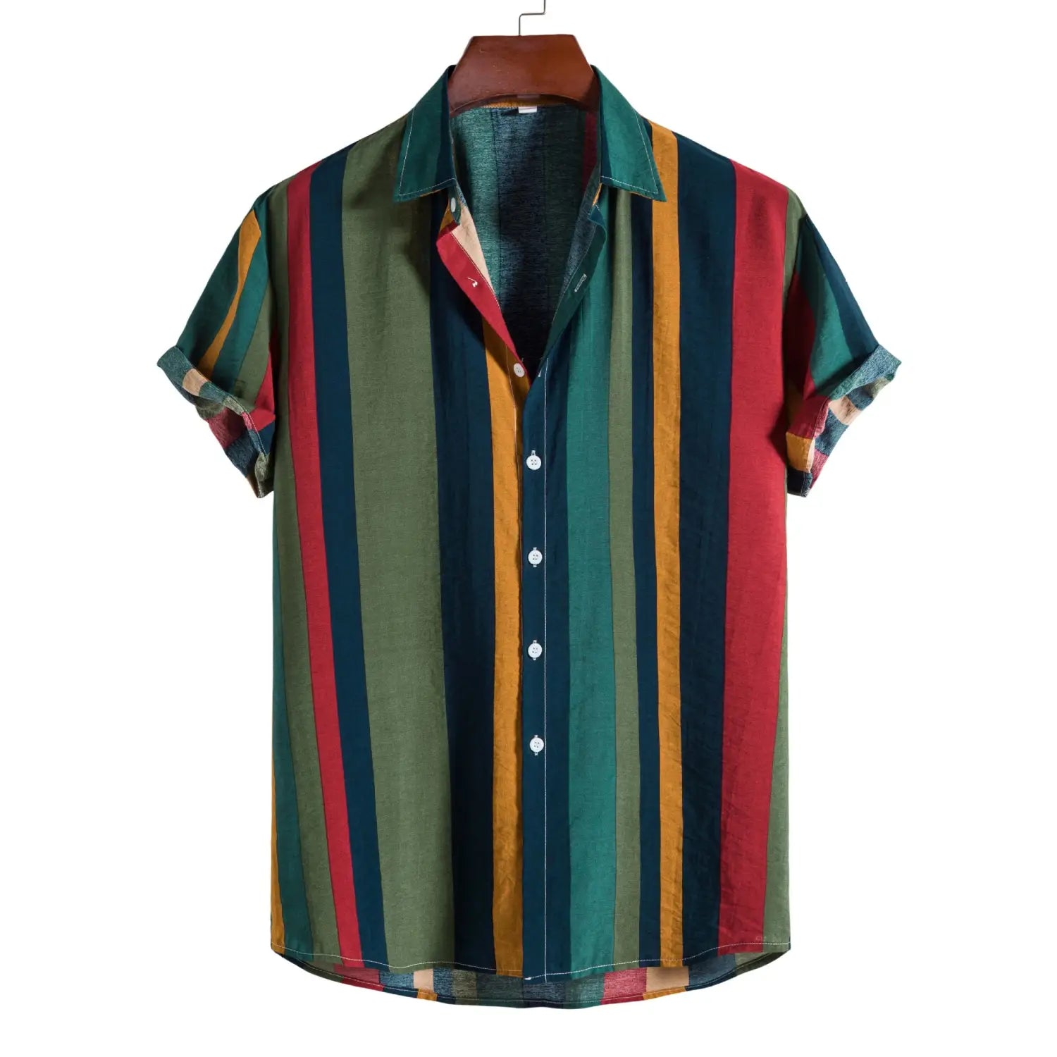 A vibrant striped short sleeve button up shirt featuring bold vertical stripes in green red and mustard yellow.