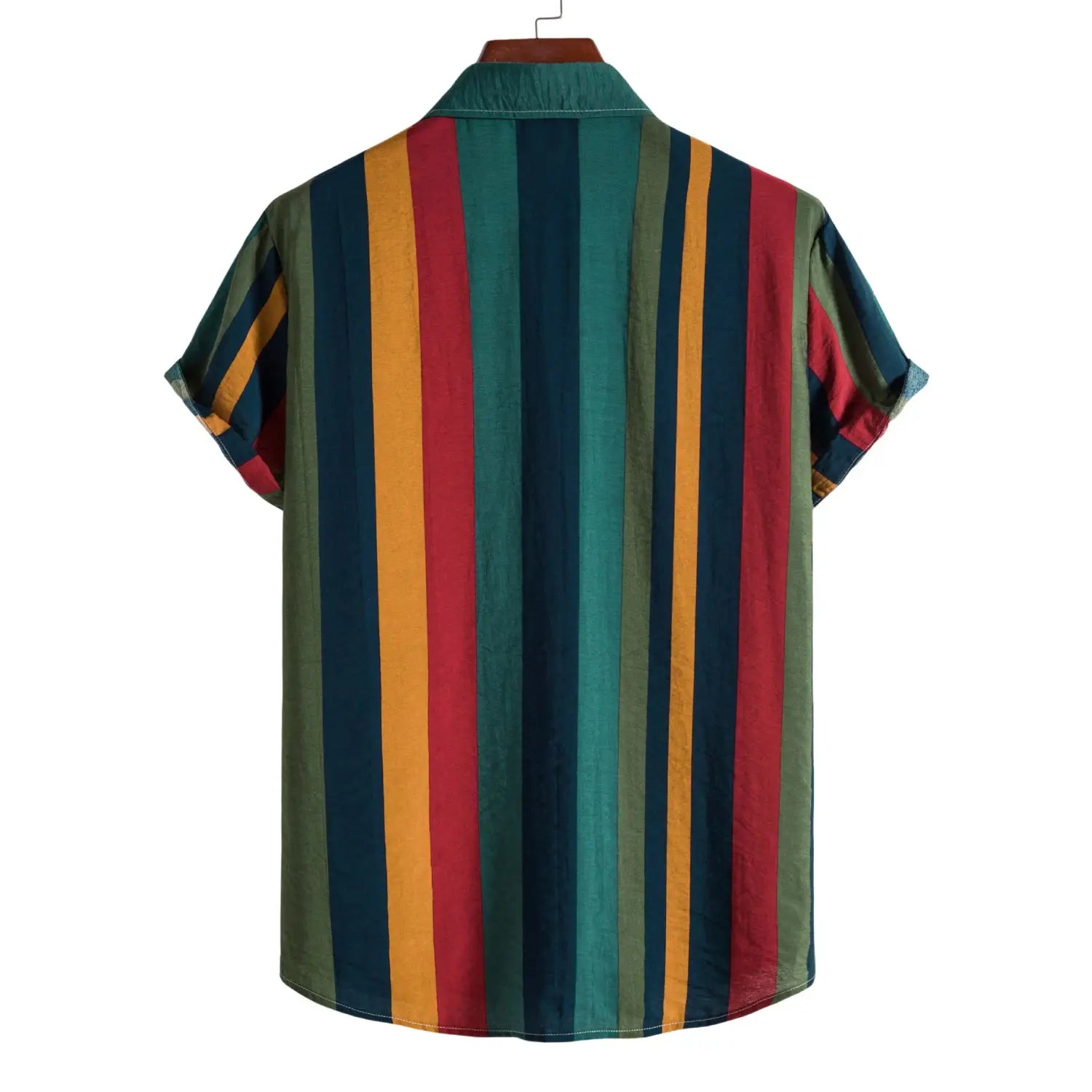 A vibrant short-sleeved button-up shirt featuring bold vertical stripes in teal red mustard yellow and dark green.