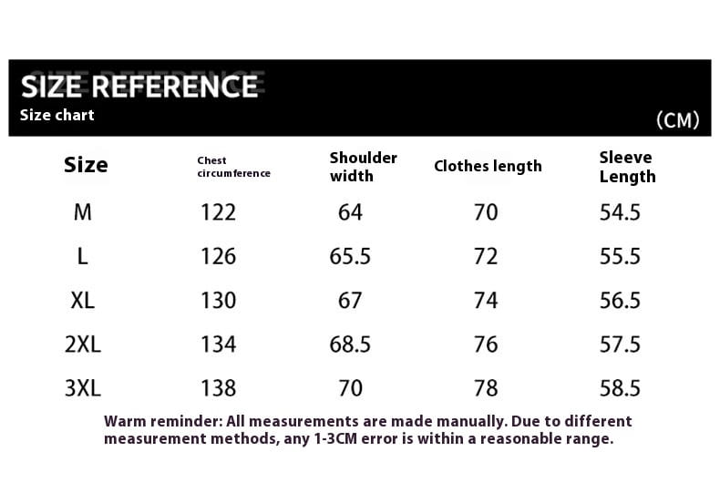 Size reference chart for loose leather jacket casual spring autumn PU coat displaying measurements in centimeters for sizes M through 3XL.