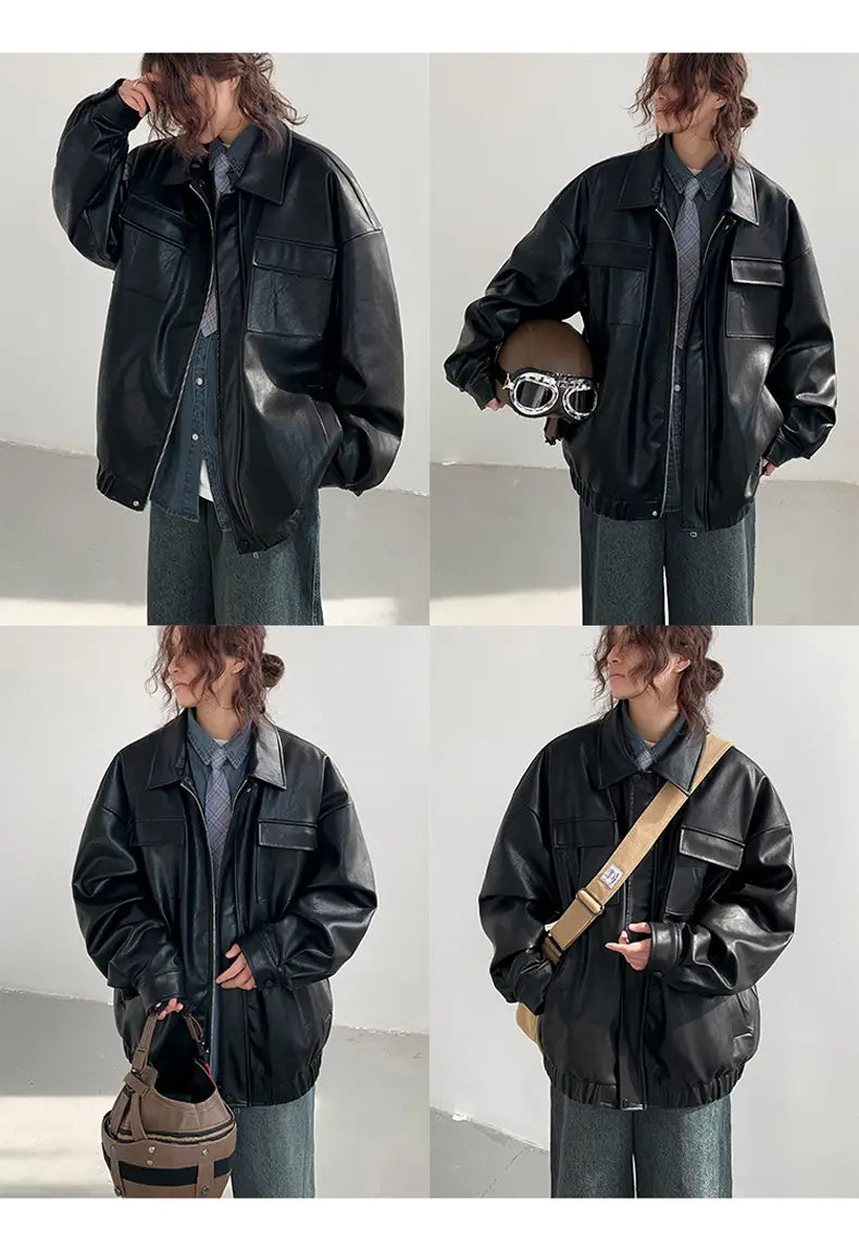 Black leather loose jacket with flap pockets and a collar made of pu material suitable for casual spring and autumn wear.