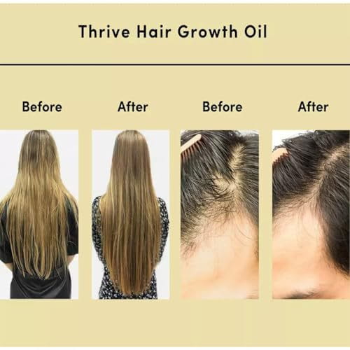 Thrive hair growth oil moisturizing repair serum 60ml in a sleek amber glass bottle with a silver pump dispenser.