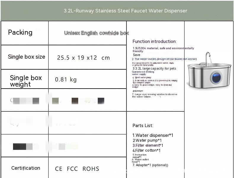 Brunnen für Haustiere aus Edelstahl mit Filter, mit einem Fassungsvermögen von 3,2 l, stilvollem modernen Edelstahl-Wasserhahn-Wasserspender und einem kreisförmigen, blau beleuchteten Anzeigefenster auf der Frontplatte.