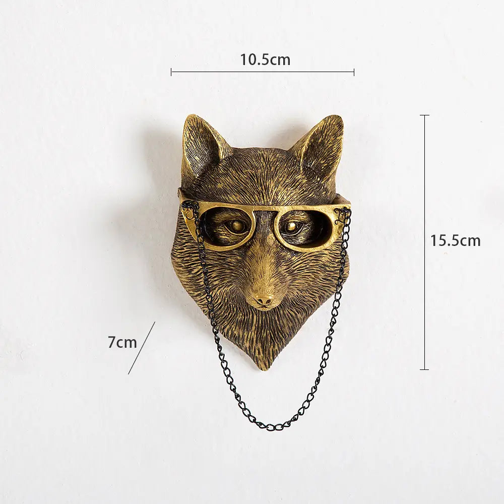 antique brass resin fox head wall decor with goggles and a dangling chain from animal head wall decor brass resin figurines with glasses collection.