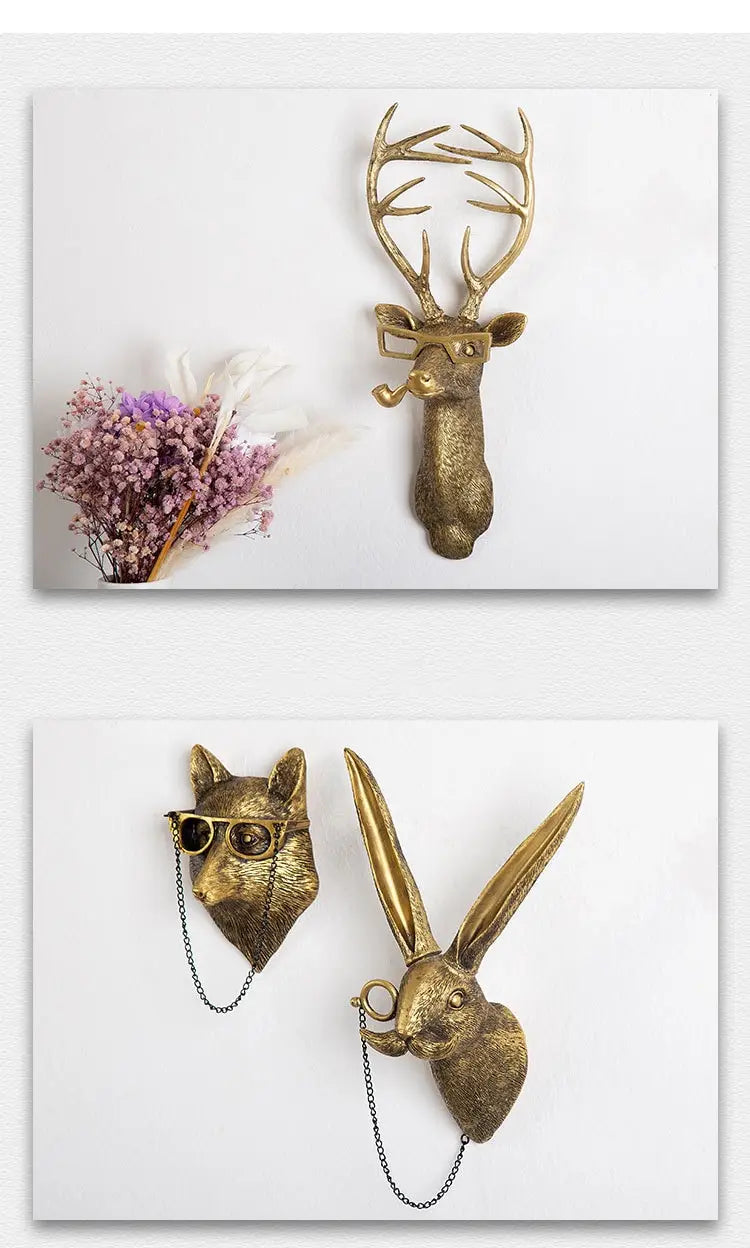 gold-colored brass resin animal head wall decor figurines with metallic finish wearing sunglasses
