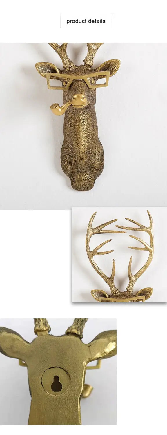 gold-colored deer head wall decor made of brass resin featuring glasses and a pipe for stylish interior decoration