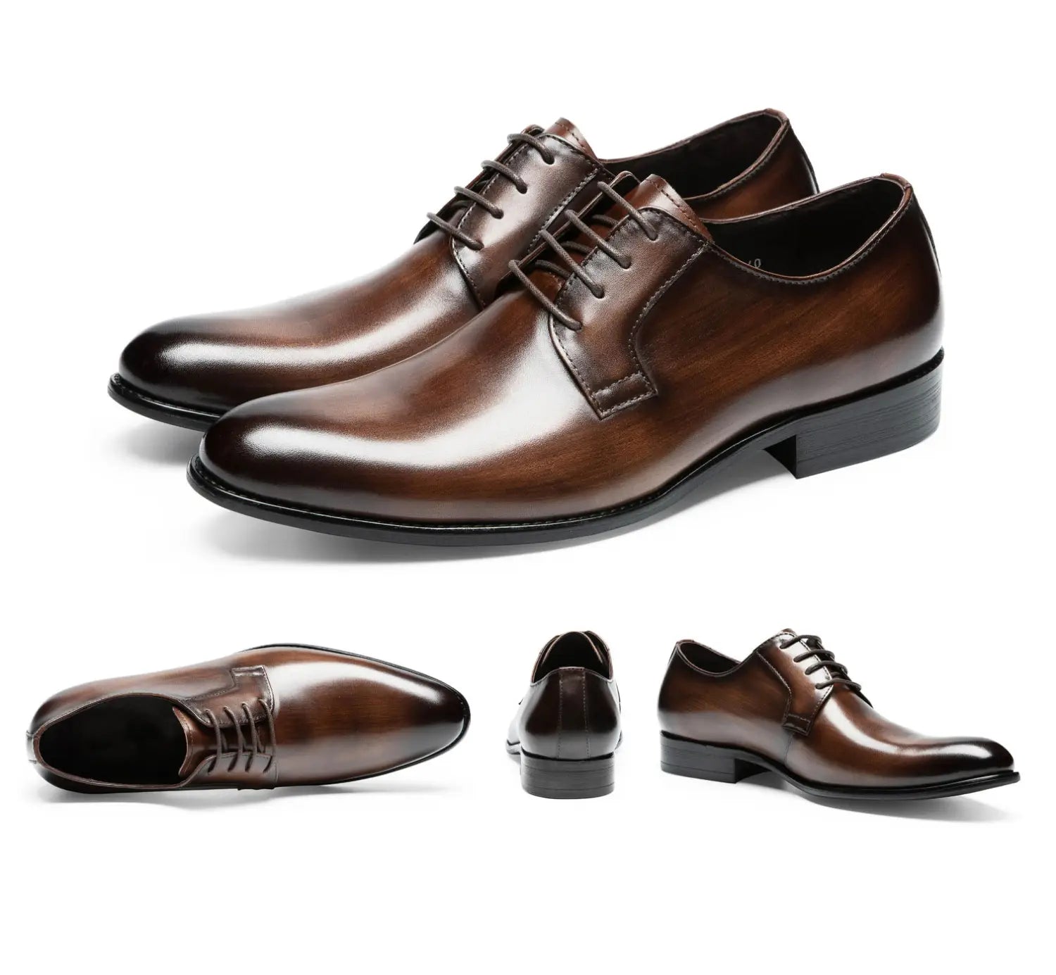 Herren-Oxfords aus handgeriebenem Leder in poliertem Braun mit schwarzen Schnürsenkeln und einem niedrigen Absatz.