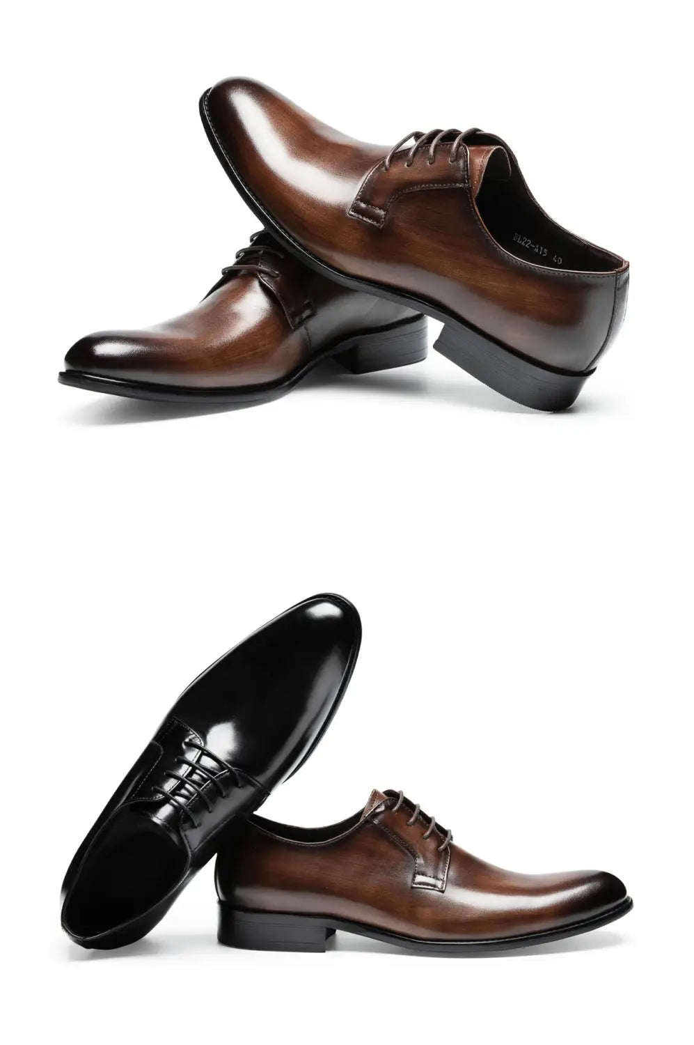 Herren-Oxfords aus handgeriebenem Leder in klassischem Braun mit schwarzen Schnürsenkeln und polierter Oberfläche.