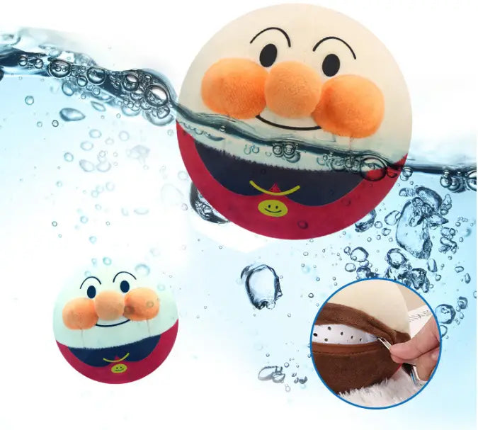 A plush jumping ball interactive talking bunny toy featuring a soft anpanman character with a round body, orange cheeks, and a smiling face in white, red, and navy blue sections.