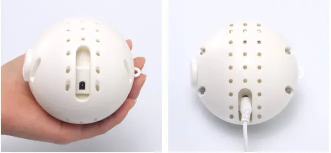 white spherical air freshener with perforated surface and usb charging port featured as part of the plush jumping ball interactive talking bunny toy product.
