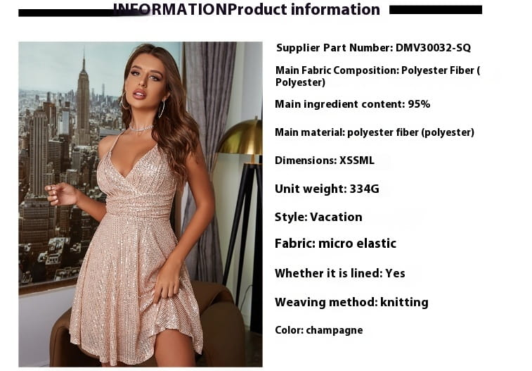 Une robe de vacances à bretelles croisées champagne en sequins, réalisée dans un tissu tricoté micro-élastique, présentant un col bénitier et une ligne d’ourlet asymétrique.