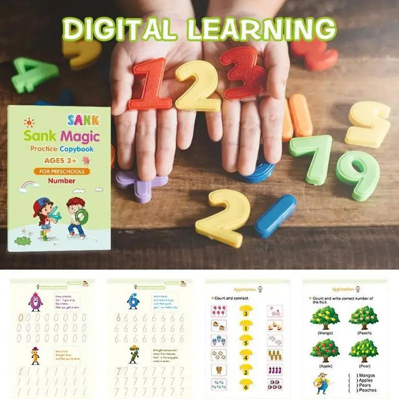 Colorful plastic number blocks in vibrant reds yellows blues greens and purples for preschoolers featured in the Sank Magic Practice Copybook set 4 pack for kids.