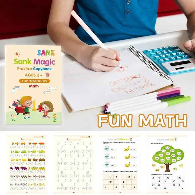 Sank magic practice copybook set 4 pack for kids featuring a beige cover with colorful illustrations and math exercises designed for preschoolers.