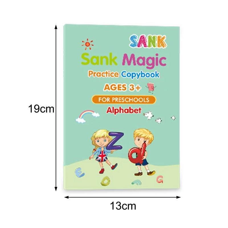 A light green sank magic practice copybook for preschoolers with colorful cartoon children holding large letters and playful illustrations of clouds rainbows and animals on the cover in the sank magic practice copybook set 4 pack for kids.