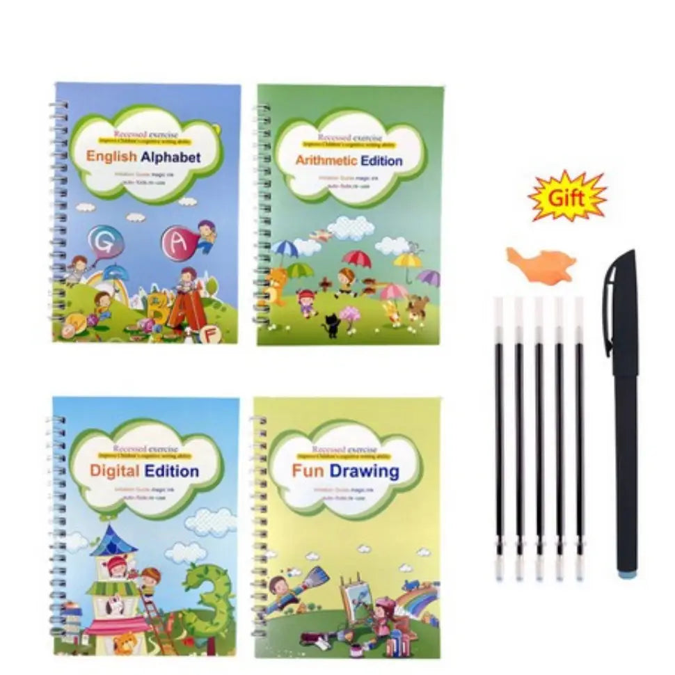 Set of four colorful spiral-bound Sank Magic practice copybooks for kids featuring cartoon covers with english alphabet, arithmetic edition, digital edition, and fun drawing activities.