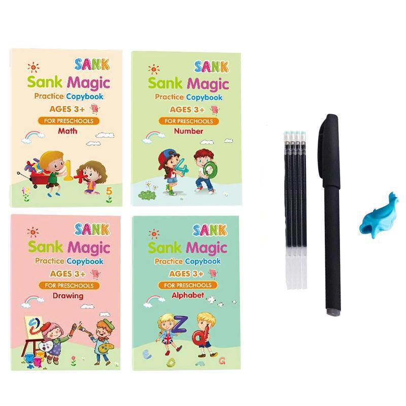 Set of four sank magic practice copybooks for kids with colorful cartoon covers labeled math number drawing and alphabet for preschool learning.
