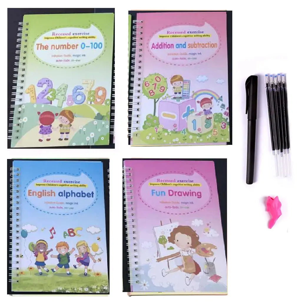 Set of four colorful spiral-bound Sank Magic practice copybooks for kids featuring educational activities including numbers, addition, English alphabet, and fun drawing.