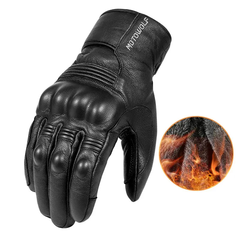 Men winter leather motorcycle glove in black showing the back side with reinforced knuckle padding and quilted inner lining.