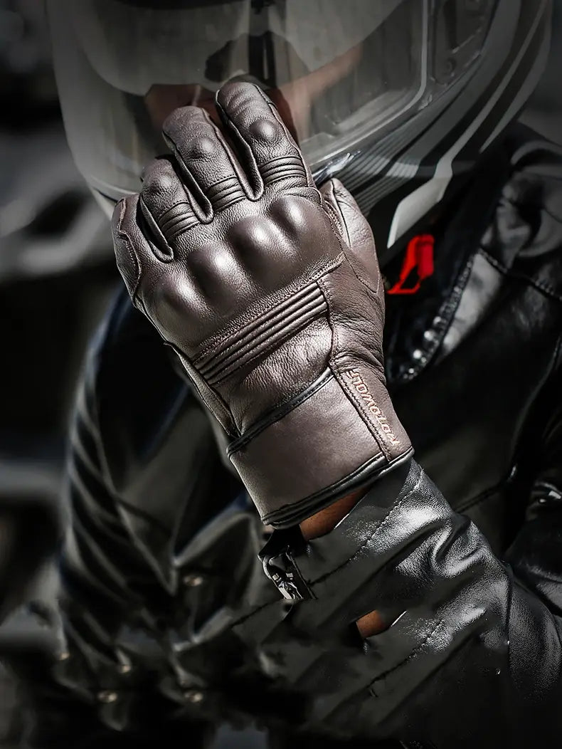 Men winter leather motorcycle gloves in dark brown showing the back side with reinforced knuckle padding and stitched detailing