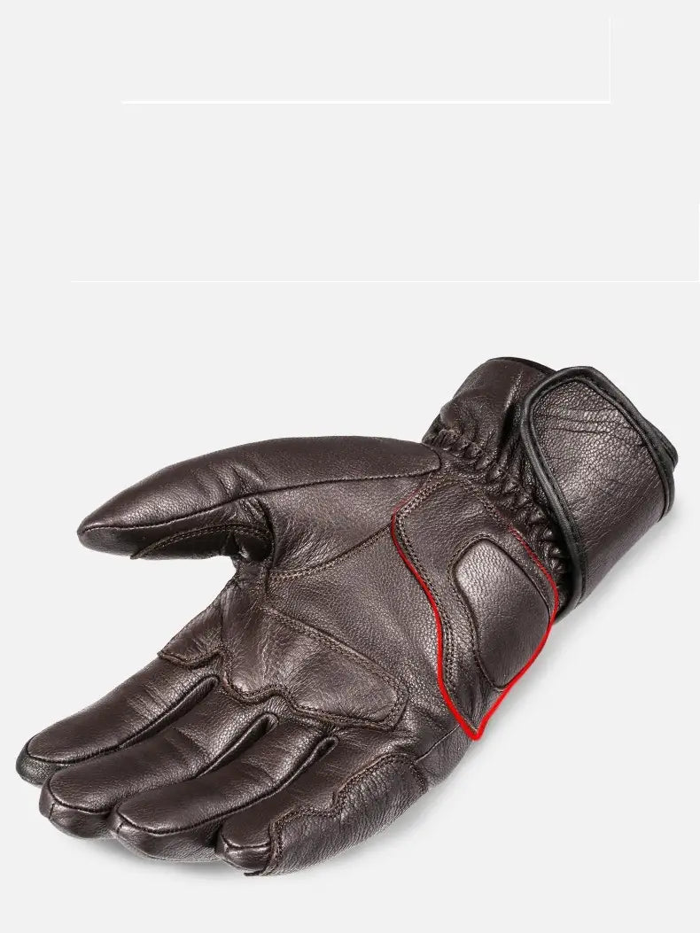 Men winter leather motorcycle gloves in dark brown with red stitching along the palm and wrist strap displayed from the back side