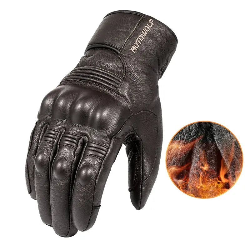 Men winter leather motorcycle glove in black featuring reinforced knuckle padding and a warm textured lining shown from the back side.