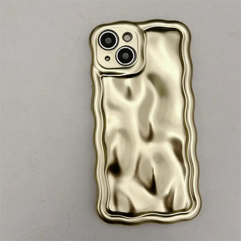 Gold-colored wavy metallic iPhone case with a textured electroplated surface and rounded edges shown from the back side.