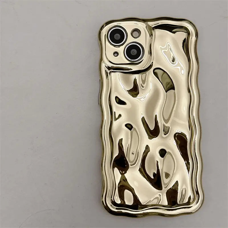 A glossy gold wavy metallic iPhone case with electroplated protection shown from the back featuring a fluid abstract design with dark brown and black swirls.