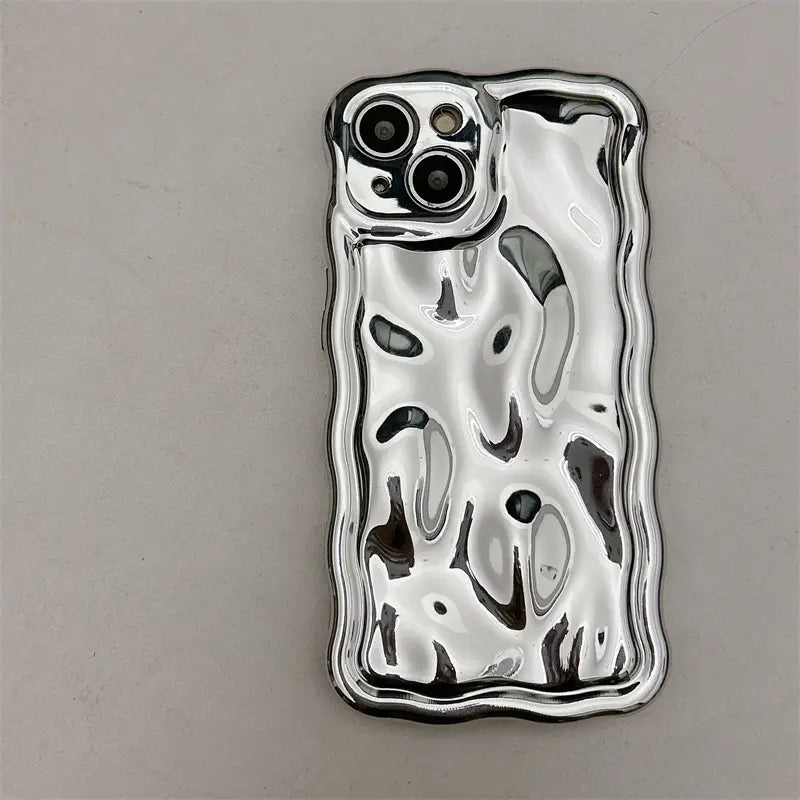 silver glossy wavy metallic iphone case electroplated protection showing the back side with a fluid abstract design featuring irregular black voids and wavy edges