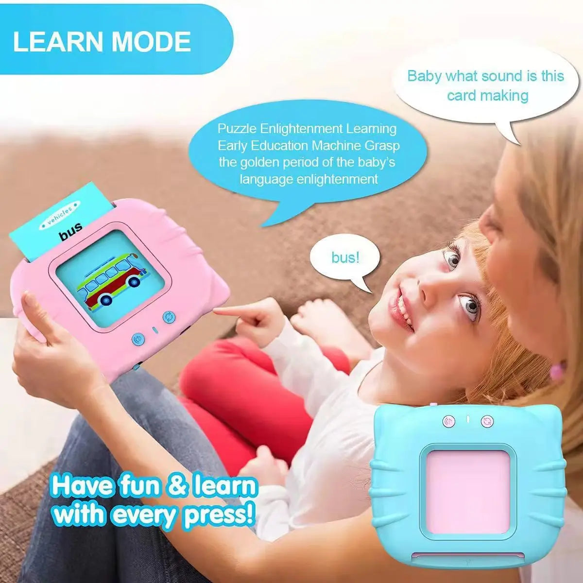 ピンク色のプラスチック製 スマートトーキング フラッシュカード 早期教育用のおもちゃ。画面にはバスが表示され、側面にボタンがあります。