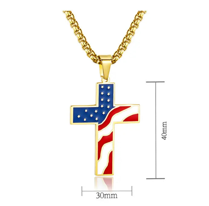Men’s American flag enamel cross stainless steel necklace with gold-toned pendant featuring red white and blue enamel American flag design.