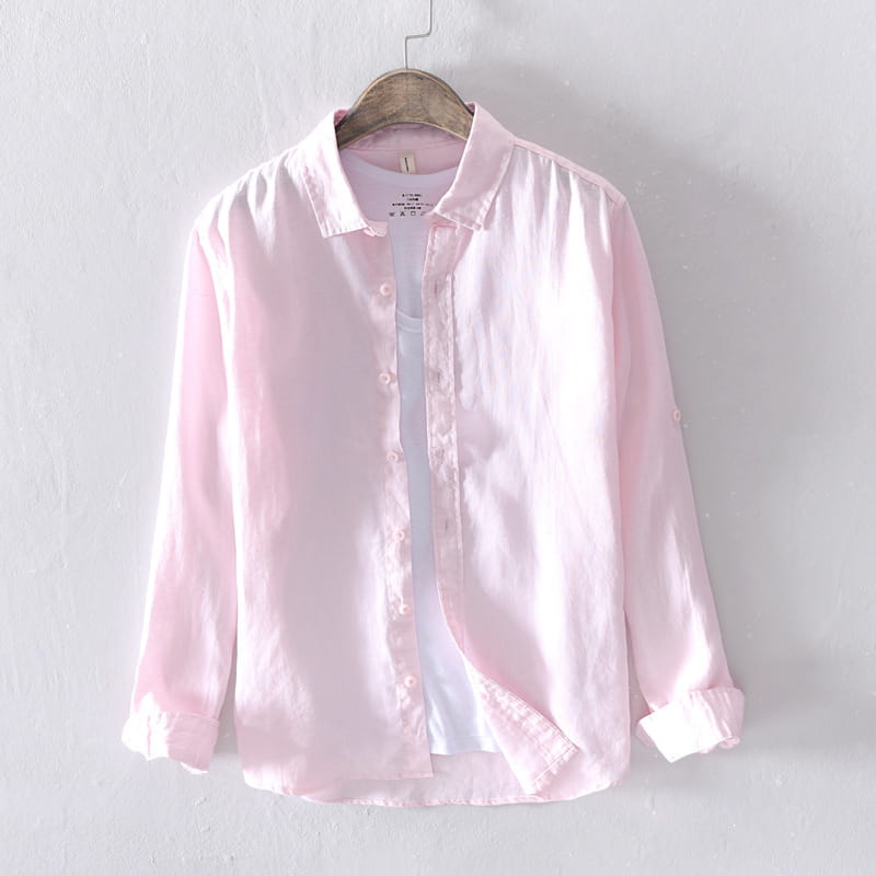 Men’s premium 100% linen long sleeve casual shirt in soft pink with a classic collar and rolled cuffs.